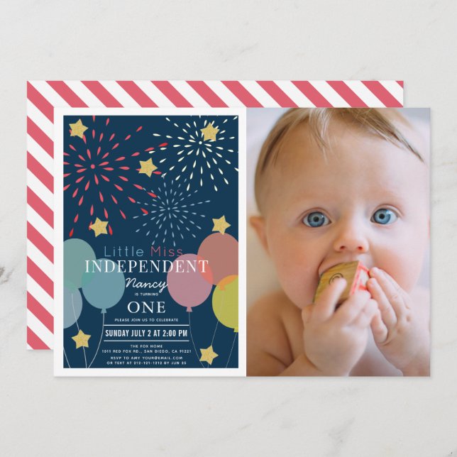 Little Miss Independent Fireworks Photo Birthday Invitation (Front/Back)