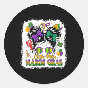 Little Miss Mardi Gras Messy Bun Kids Youth Girls Classic Round Sticker