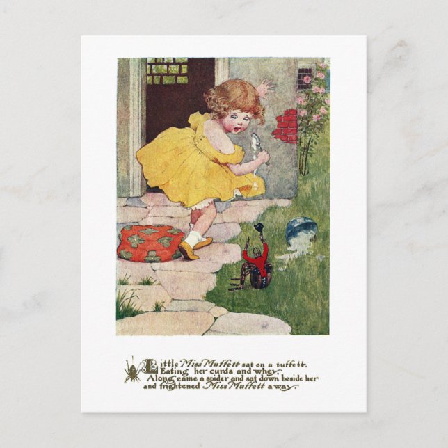 Little Miss Muffett & Spider Vintage Nursery Rhyme Postcard (Front)