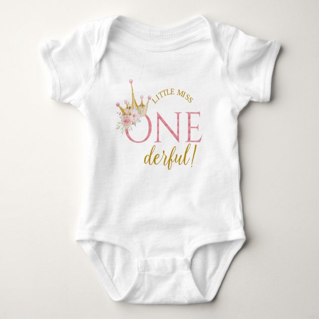 Little Miss One-Derful, Princess Birthday. Baby Bo Baby Bodysuit (Front)