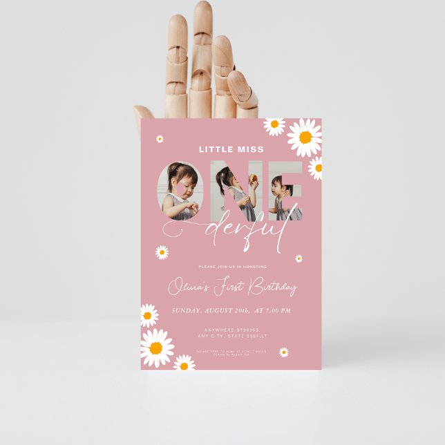 Little miss onederful 1st Birthday 3 photo daisy Invitation (Creator Uploaded)