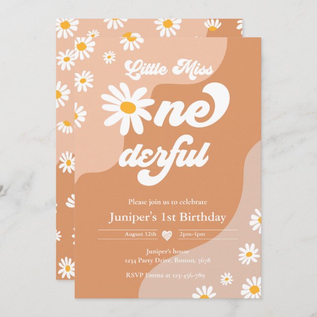 Little Miss ONEderful 1st Birthday Boho Daisy  Invitation (Front/Back)