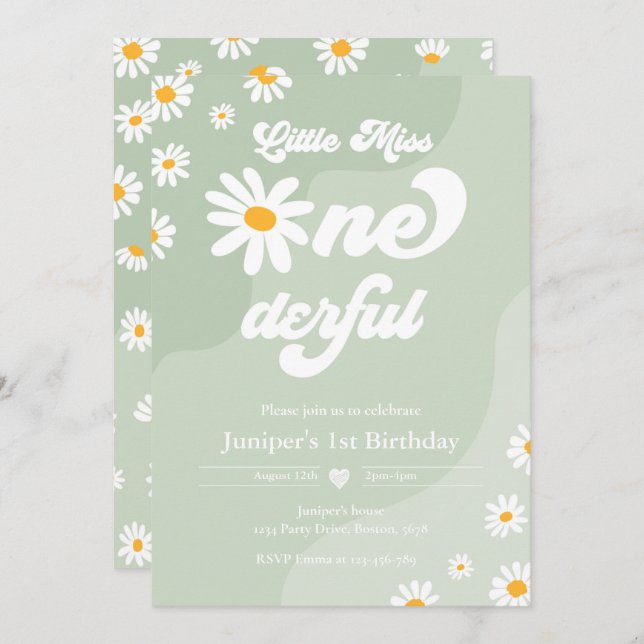 Little Miss ONEderful 1st Birthday Boho Daisy Invitation (Front/Back)