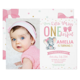 Little Miss ONEderful 1st Birthday Elephant Photo Invitation
