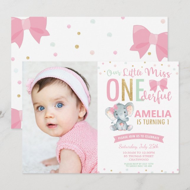 Little Miss ONEderful 1st Birthday Elephant Photo Invitation (Front/Back)