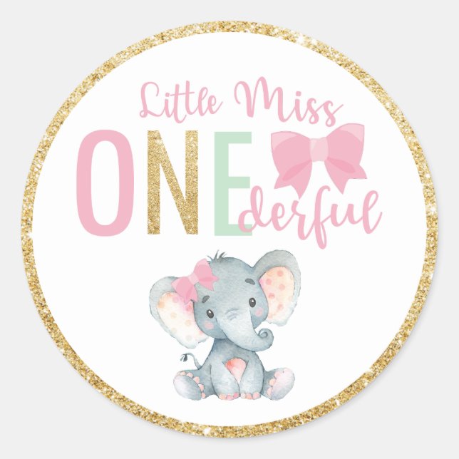 Little Miss ONEderful 1st Birthday Favor Elephant Classic Round Sticker (Front)