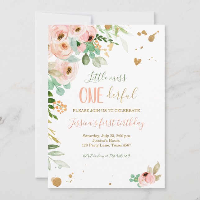 Little Miss Onederful 1st Birthday Invite Floral (Front)