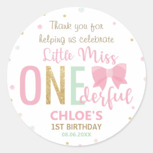 Little Miss Onederful 1st First Birthday ONE Bow   Classic Round Sticker