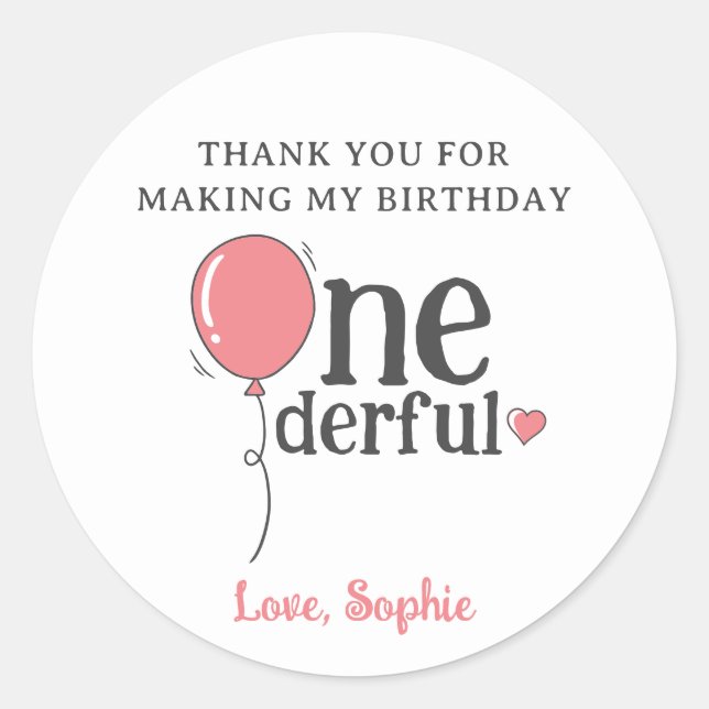 Little Miss Onederful Birthday Balloon Thank You Classic Round Sticker (Front)