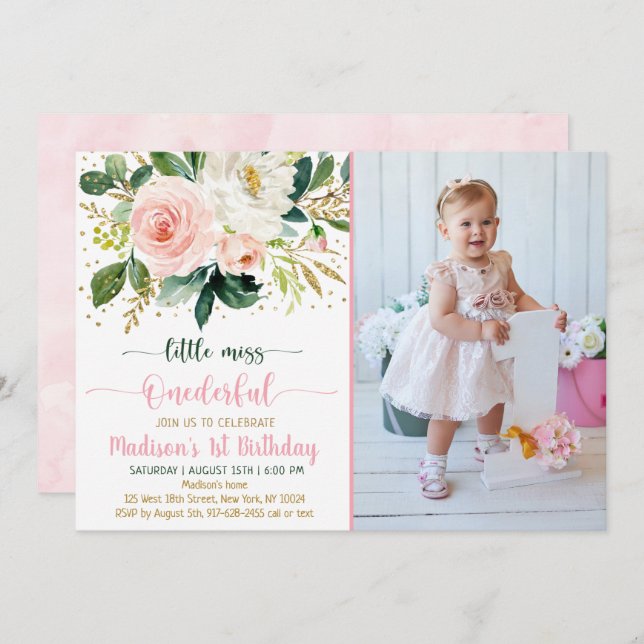 Little Miss Onederful Boho Floral Birthday Invitation (Front/Back)