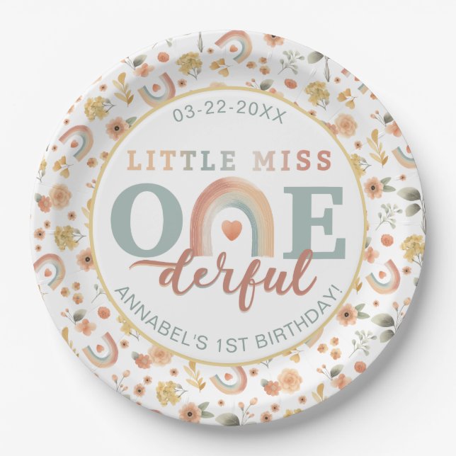 Little Miss Onederful Boho Rainbow Birthday Paper  Plate (Front)