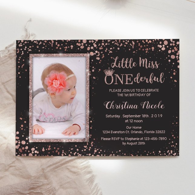 "Little Miss Onederful" Chic First Birthday Photo Invitation (Creator Uploaded)