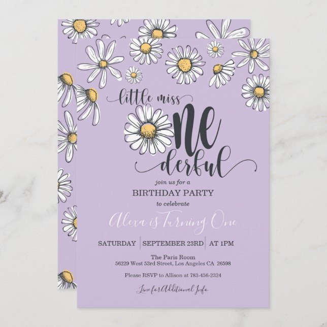 Little Miss ONEderful Daisy Birthday Invitation Pu (Front/Back)