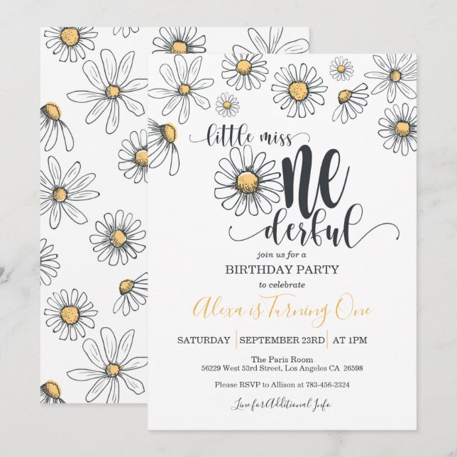 Little Miss ONEderful Daisy Birthday Invitation -W (Front/Back)