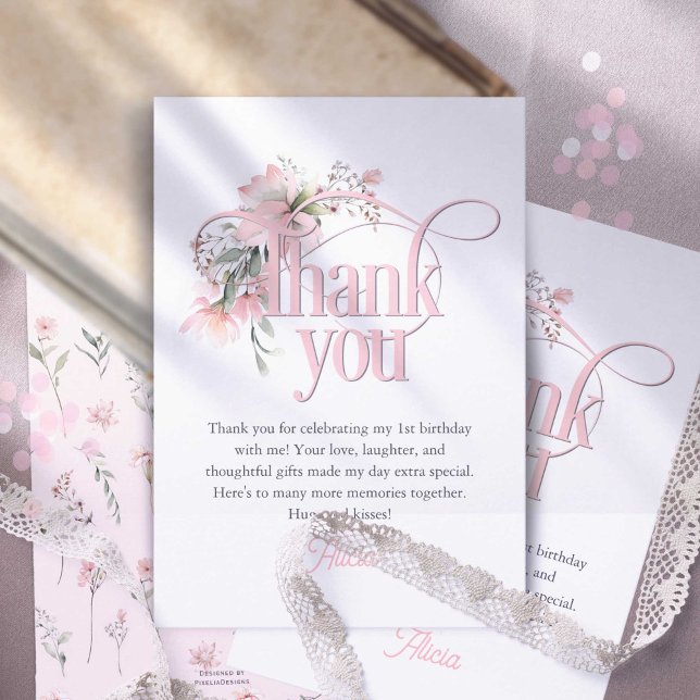 Little Miss Onederful Elegant Girl 1st Birthday Thank You Card (Creator Uploaded)