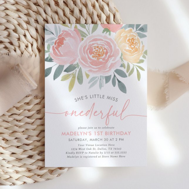 Little Miss Onederful Floral 1st Birthday Invitation (Creator Uploaded)