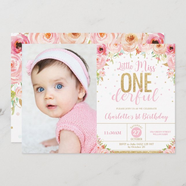 Little Miss Onederful Floral 1st Birthday Photo Invitation (Front/Back)