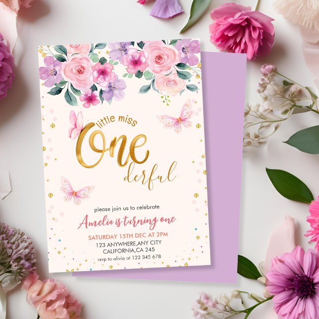  Little miss onederful Floral girl 1st Birthday Invitation (Creator Uploaded)