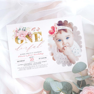 Little Miss ONEderful Gold 1st Birthday Photo Invitation