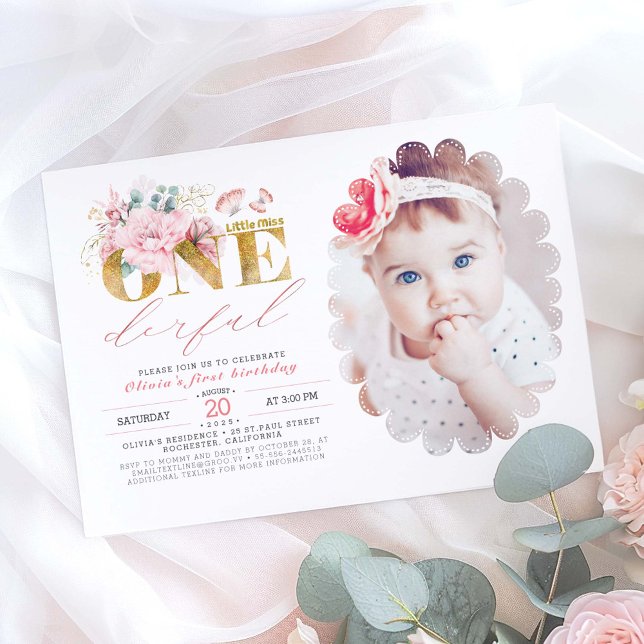 Little Miss ONEderful Gold 1st Birthday Photo Invitation (Little Mis One Derful 1st Birthday Photo Invitation)