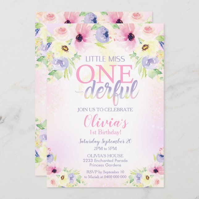 Little Miss Onederful Invitation Girl 1st (Front/Back)