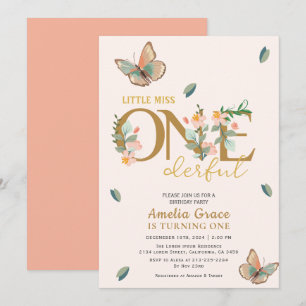 Little miss onederful peach floral 1st birthday invitation