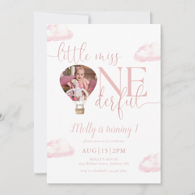 Little Miss Onederful Photo Balloon 1st Birthday Invitation (Front)