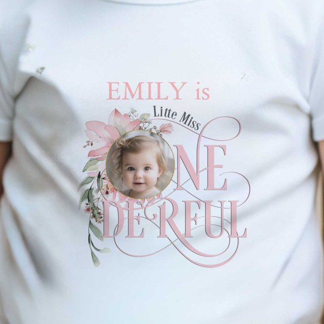 Little Miss Onederful, Pink, Baby Girl 1st  Baby T-Shirt (Little MIss Onederful, Pink Baby Girl 1st birthday photo t-shirt.)