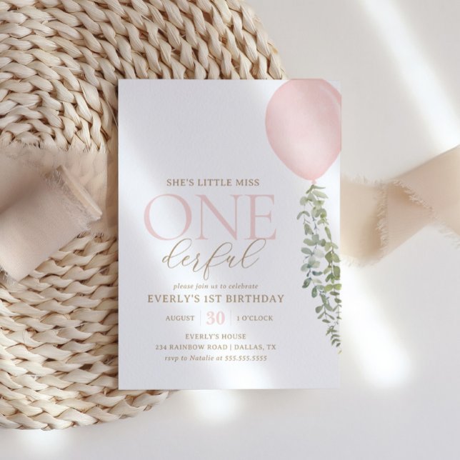 Little Miss Onederful Pink Balloon 1st Birthday Invitation (Creator Uploaded)