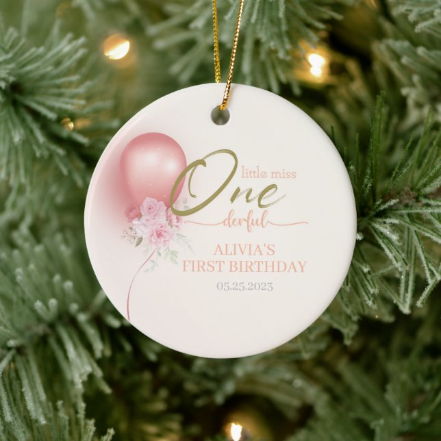 Little Miss ONEderful Pink Balloon Floral Birthday Ceramic Ornament (Tree)