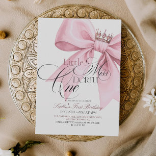 Little Miss ONEderful Pink Bow 1st Birthday Party Invitation