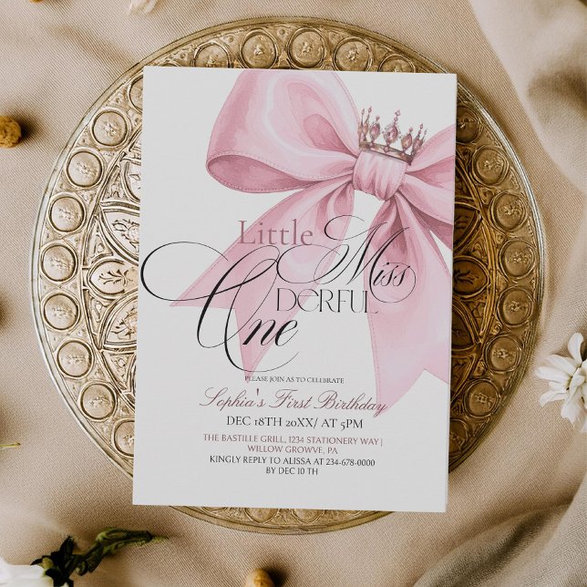 Little Miss ONEderful Pink Bow 1st Birthday Party Invitation (Creator Uploaded)