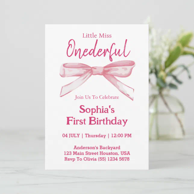 Little Miss ONEDERFUL Pink Bow Girl 1st Birthday Invitation | Zazzle