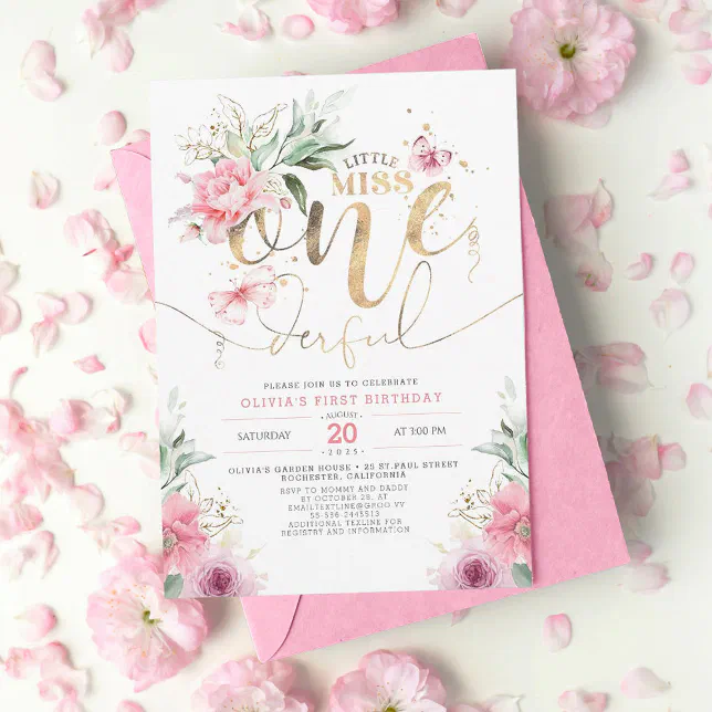 Little Miss ONEderful Pink Floral 1st Birthday Inv Invitation | Zazzle