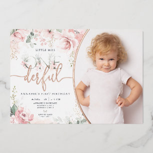 Little Miss Onederful Pink Floral Foil Invitation
