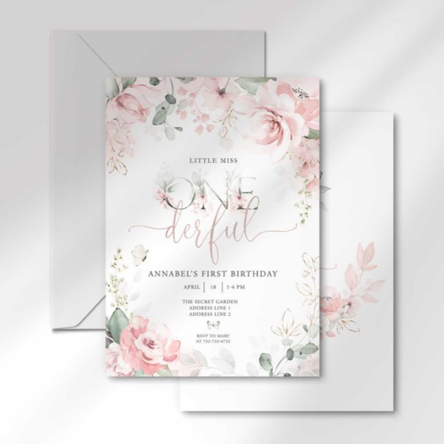 Little Miss Onederful Pink Floral Invitation (Creator Uploaded)