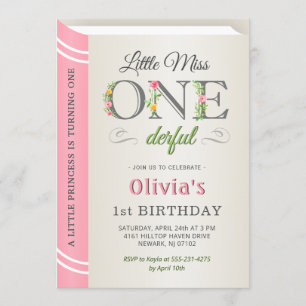 Little Miss Onederful Pink Girl 1st First Birthday Invitation