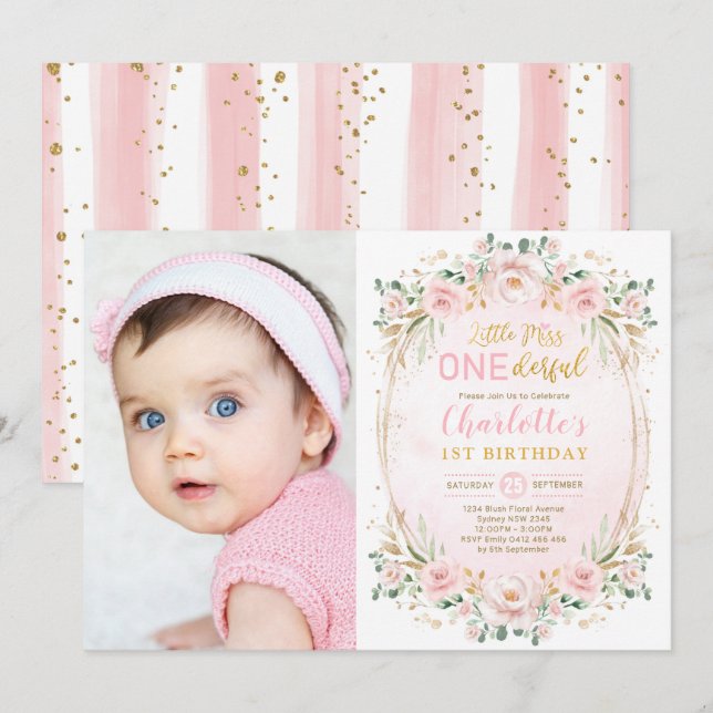 Little Miss ONEderful Pink Gold Floral Birthday Invitation (Front/Back)
