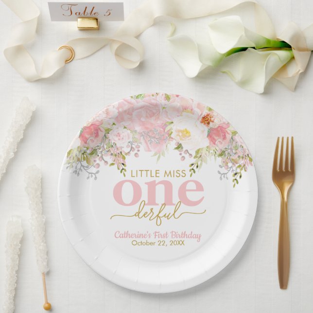 Little Miss ONEderful Pink Roses First Birthday  P Paper Plate (Wedding)