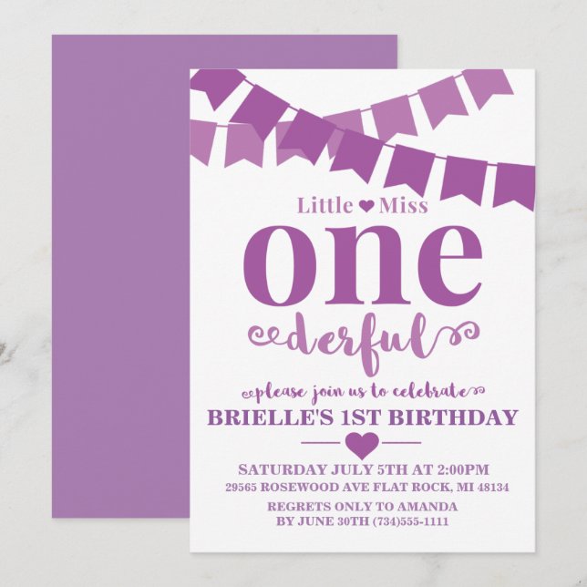 Little Miss Onederful Purple Birthday Invitation (Front/Back)