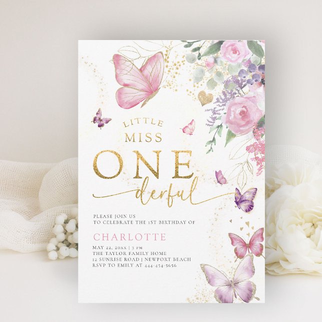 Little Miss Onederful Sunny Floral 1st Birthday Invitation (little miss onederful girls 1st birthday invite pink garden floral  butterflies watercolor elegant)