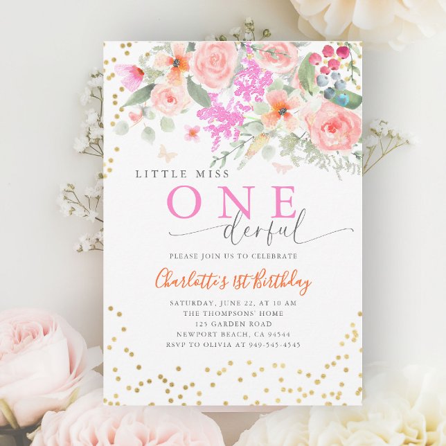 Little Miss Onederful Vibrant Girl 1st Birthday Invitation (little miss onederful girls 1st birthday invite happy garden wildflowers watercolor calligraphy cute)