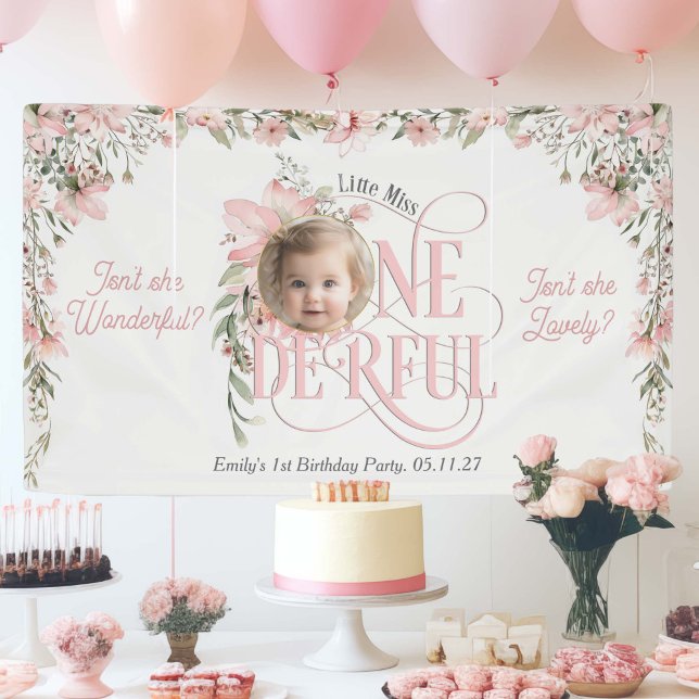 Little Miss Onederful, Wildflower 1st birthday  Banner (Little Miss Onederful, Baby Girl 1st birthday backdrop with photo.)