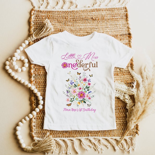 Little Miss ONEderful Wildflower Girl 1st Birthday Baby T-Shirt (Creator Uploaded)