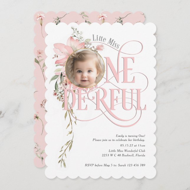Little Miss Onederland 1st birthday Wildflower pho Invitation (Front/Back)