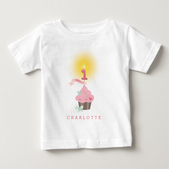 Little Miss Pink Cupcake Girl's 1st Birthday Party Baby T-Shirt (Front)