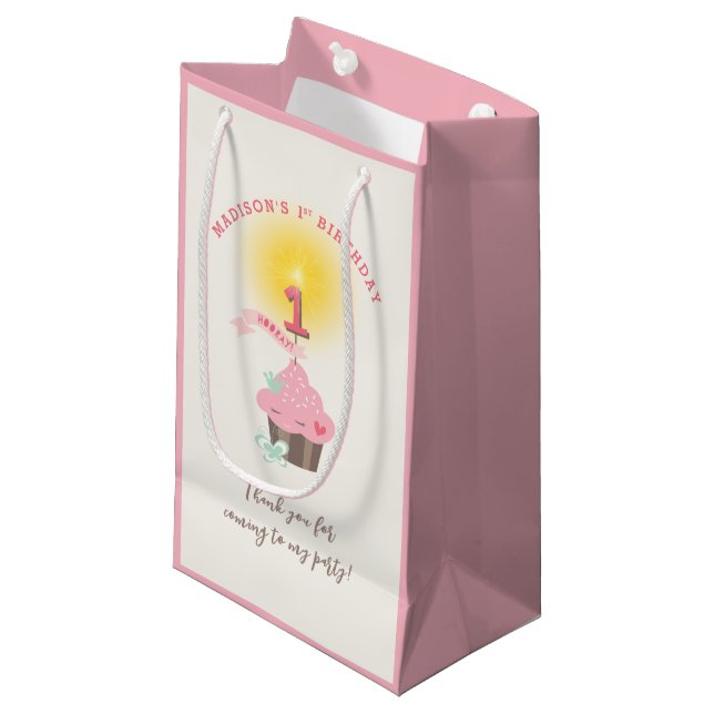 Little Miss Pink Cupcake Girl's 1st Birthday Party Small Gift Bag (Front Angled)