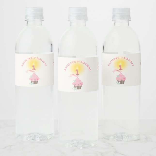 Little Miss Pink Cupcake Girl's 1st Birthday Party Water Bottle Label (Bottles)