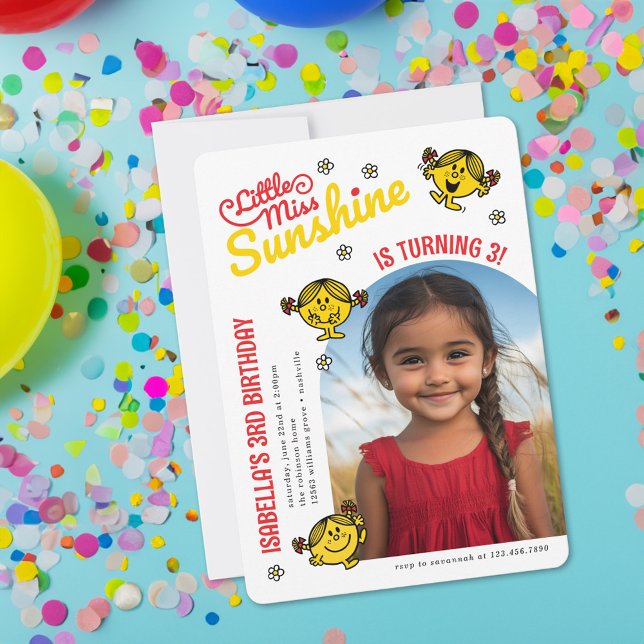 Little Miss Sunshine Birthday Photo Invitation (Invitation on simulated party table)