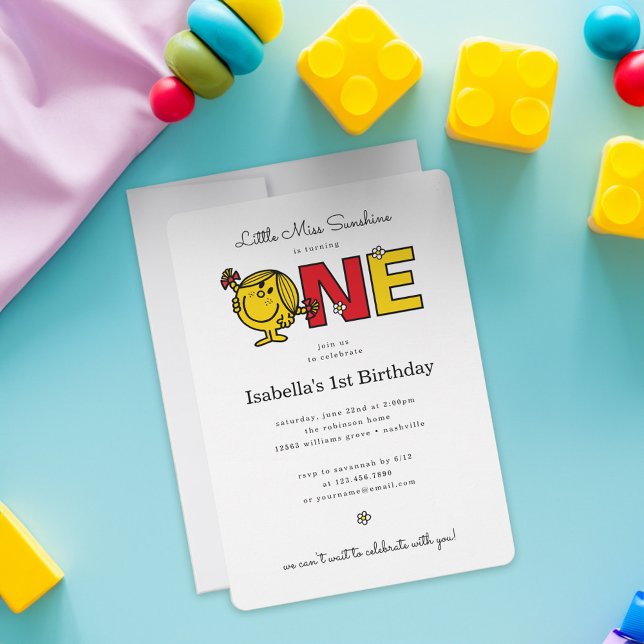 Little Miss Sunshine First Birthday Invitation (Invitation on simulated baby toy background)